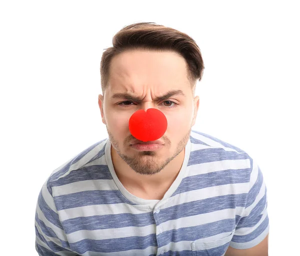 Giovane Con Naso Clown Rosso Sfondo Bianco Festa Dello Sciocco — Foto Stock