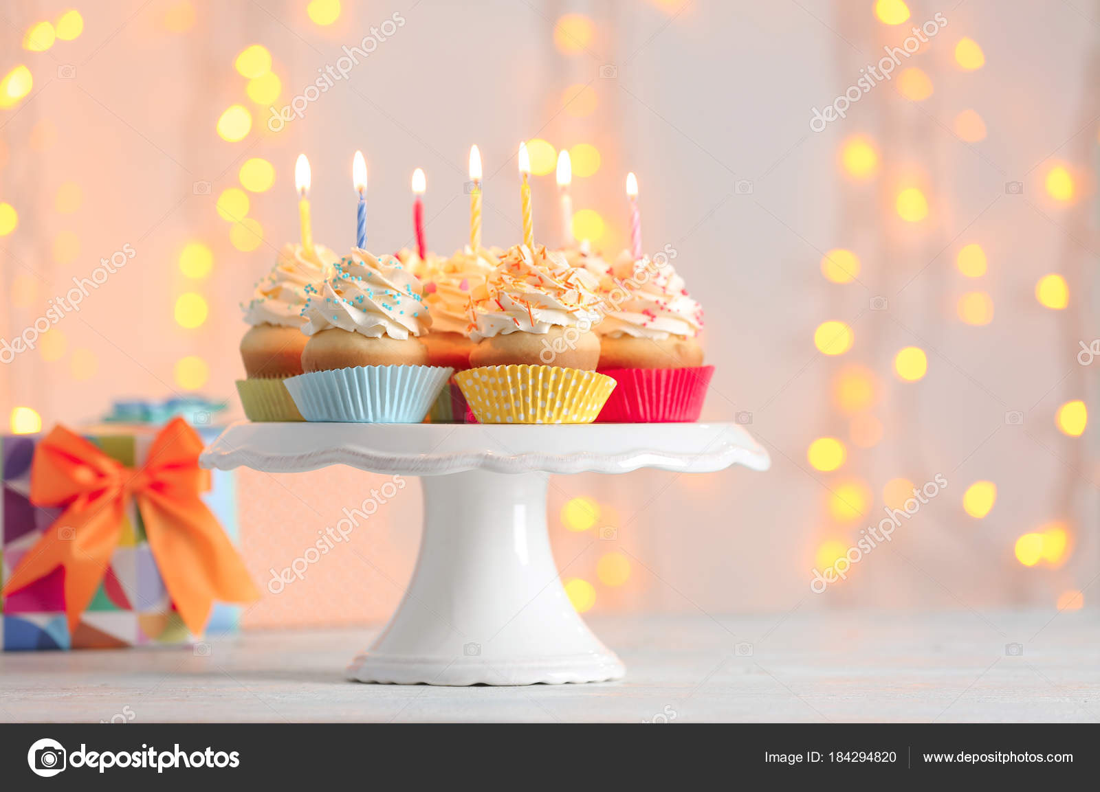 Birthday Cupcakes With Candles Stock Photo Belchonock 184294820