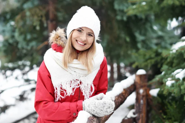 Portrait of happy smile woman in winter park — Stok Foto