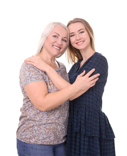 Joven hija y madre sobre fondo blanco — Foto de Stock