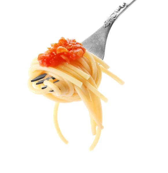 Fork with delicious pasta and tomato sauce on white background — Stock Photo, Image