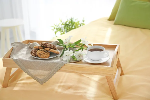 Tray with tasty breakfast — Stock Photo, Image