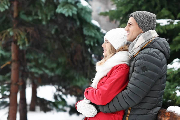 Portrait of happy loving couple in winter park — Stock Photo, Image