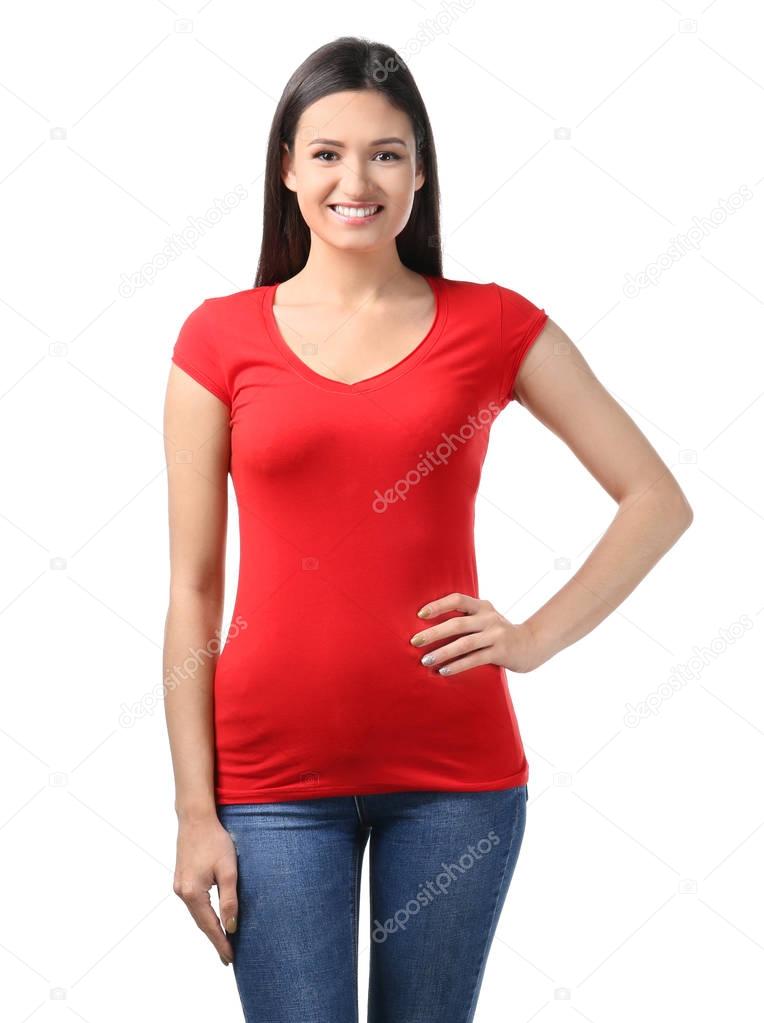 Young woman in stylish t-shirt on white background. Mockup for design