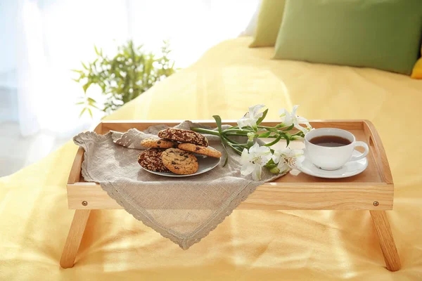 Tray with tasty breakfast — Stock Photo, Image