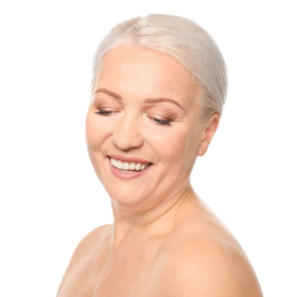 Portrait of beautiful mature woman on white background. Skin care concept — Stock Photo, Image