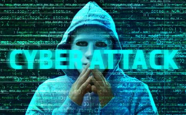 Metin siber saldırı ve hacker maskesi ve koyu arka plan kodu