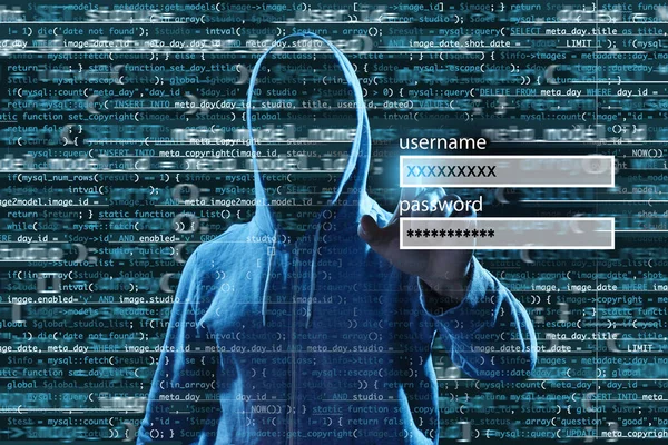 Mann Hackerkonto auf virtuellem Bildschirm vor dunklem Hintergrund. Konzept für Cyber-Angriffe und Sicherheit — Stockfoto