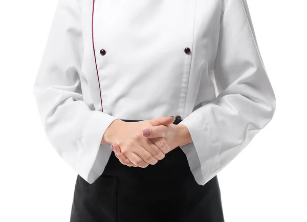 Vrouwelijke chef-kok in uniform op witte achtergrond, close-up — Stockfoto