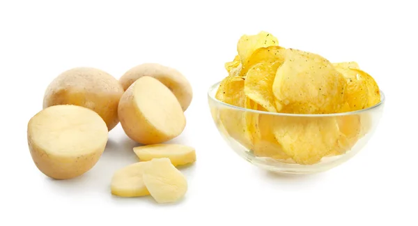 Bowl with crispy chips and raw potato on white background — Stock Photo, Image