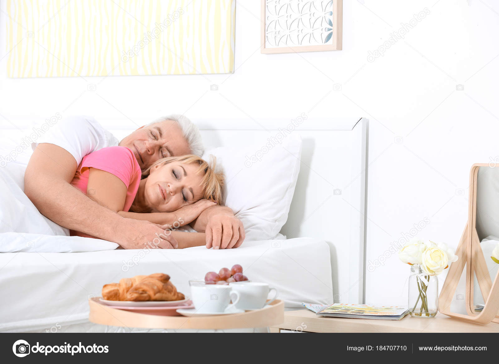 Mature Couple Hugging Bed Romantic Morning Stock Photo by ...
