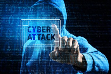 Hacker iterek siber saldırı koyu arka plan karşı sanal ekran düğmesi