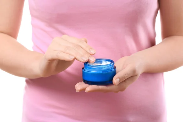 Woman with jar of body cream, closeup — Stock Photo, Image