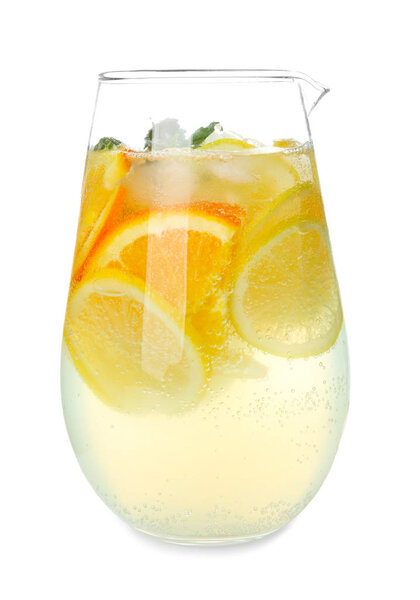 Jug of fresh lemonade on white background