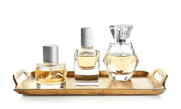 Metal tray with perfume bottles on white background — Stock Photo, Image