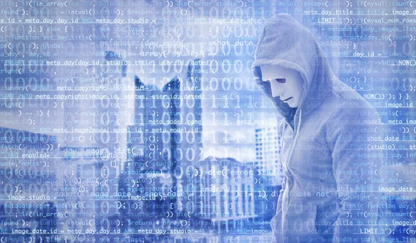 Double exposure of hacker and code with cityscape view. Concept of cyber attack and security — Stock Photo, Image