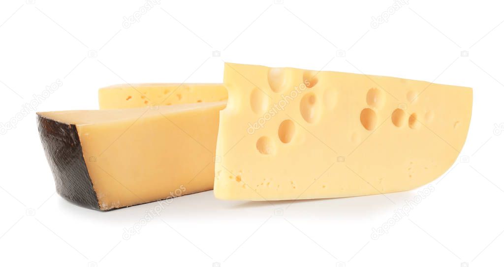 Different cheeses on white background