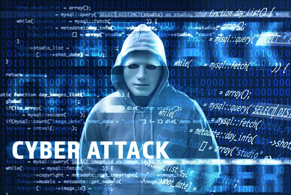 Texte CYBER ATTACK et pirate dans le masque et le code sur fond sombre — Photo