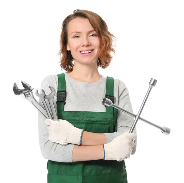 Feminino mecânico automático com ferramentas sobre fundo branco — Fotografia de Stock