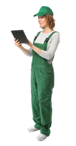Female auto mechanic with tablet computer on white background — Stock Photo, Image