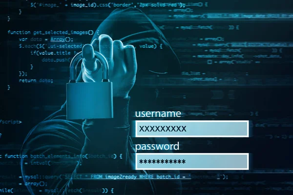 Formulário de login e hacker com bloqueio no fundo escuro. Conceito de ataque cibernético e segurança — Fotografia de Stock