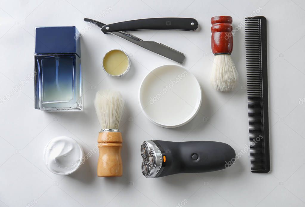 Shaving accessories for man on white background