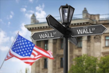 Wall Street signboard and stock exchange building on background