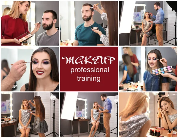 Collage with people at training for professional makeup artist — Stock Photo, Image