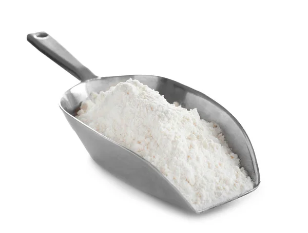 Schaufel Mit Mehl Auf Weißem Hintergrund — Stockfoto
