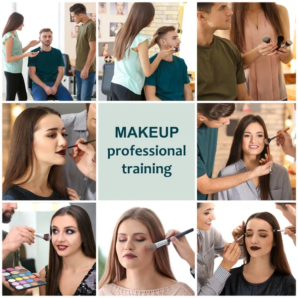 Collage with people at training for professional makeup artist — Stock Photo, Image