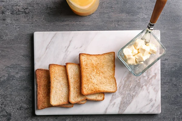 Marble Board Tasty Toasted Bread Butter Table — Stock Photo, Image