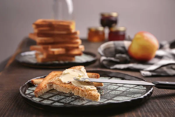Plate Tasty Toasted Bread Butter Table — Stock Photo, Image