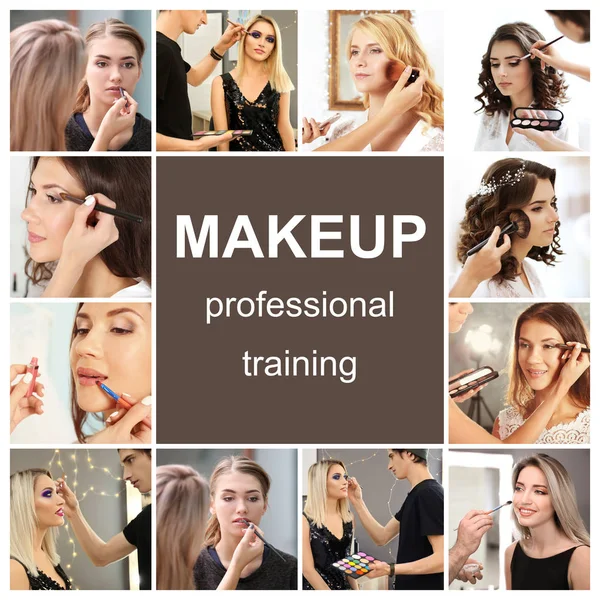 Collage with people at training for professional makeup artist — Stock Photo, Image