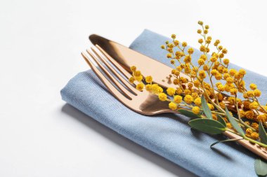 Çatal bıçak takımı Paskalya Tablo ayarı ile beyaz arka plan üzerinde Mimoza için dekore edilmiş