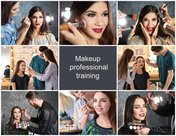 在专业化妆师的训练中与人拼贴画 — 图库照片