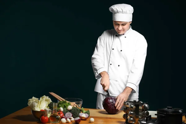 Male Chef Uniform Cooking Dark Background — Stock Photo, Image