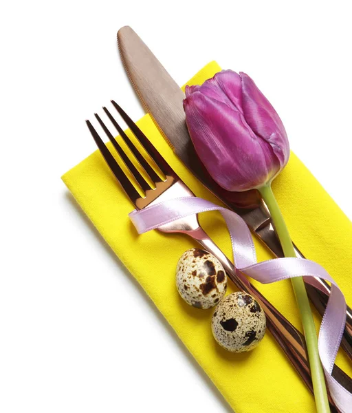 Beautifully Decorated Cutlery Easter Table Setting Tulip White Background — Stock Photo, Image