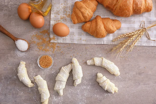 Composition Raw Baked Croissants Table — Stock Photo, Image