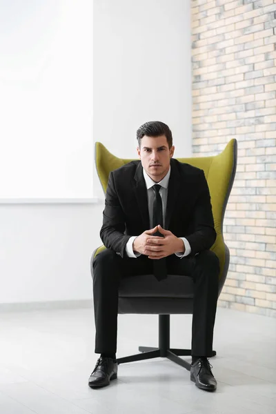 Handsome Businessman Sitting Comfortable Armchair Indoors — Stock Photo, Image