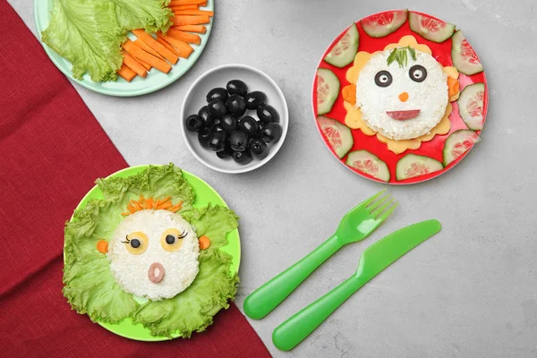 Kreatives Frühstück Für Kinder Auf Grauem Hintergrund Draufsicht — Stockfoto