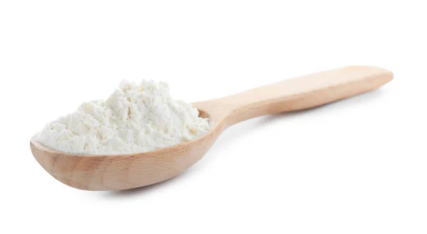 Löffel Mit Mehl Auf Weißem Hintergrund — Stockfoto