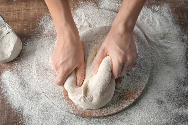 Woman Kneading Dough Wooden Board Sprinkled Flour — Stock Photo, Image