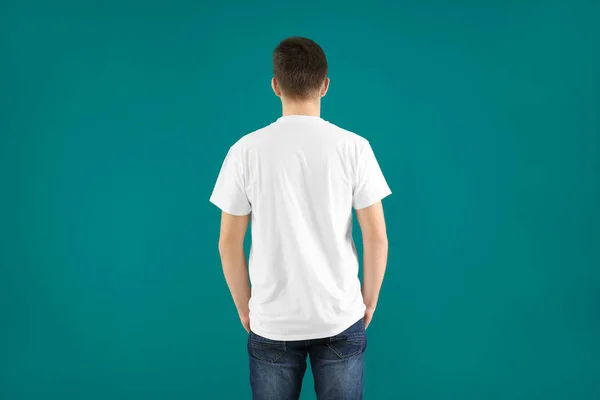 Young Man Stylish Shirt Color Background Mockup Design — Stock Photo, Image