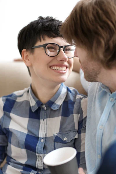 Cute Young Couple Spending Time Together Indoors — Stock Photo, Image