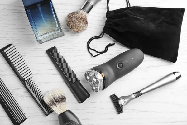 Acessórios Barbear Para Homem Mesa Madeira — Fotografia de Stock