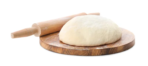 Wooden Board Raw Dough Rolling Pin White Background — Stock Photo, Image