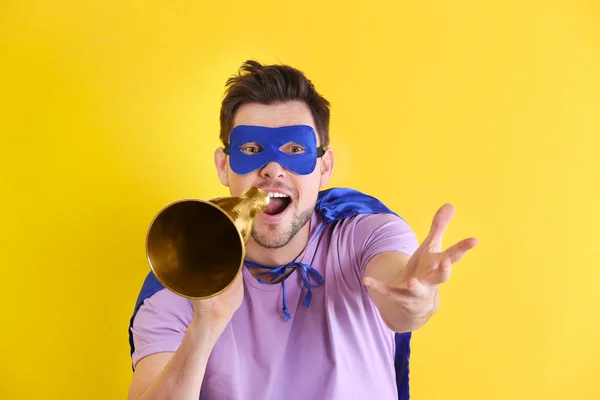 Young Man Superhero Costume Megaphone Yellow Background — Stock Photo, Image