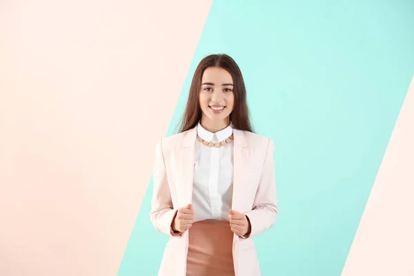 Beautiful Young Woman Elegant Suit Color Background — Stock Photo, Image