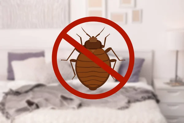 停止臭虫标志和清洁床在房间里 — 图库照片