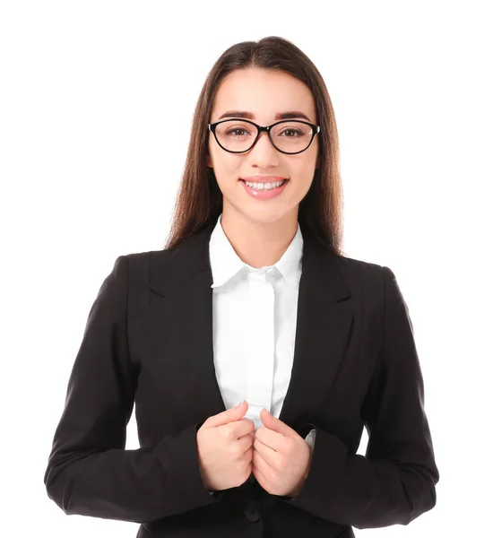 Belle jeune femme en costume élégant sur fond blanc — Photo